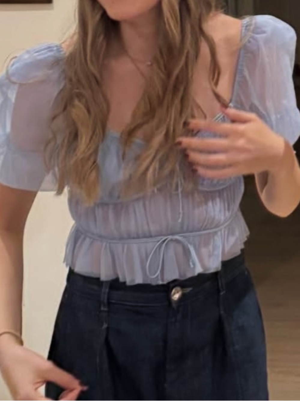For Love And Lemons Sky Blue Puff-Sleeve Mesh Crop Top